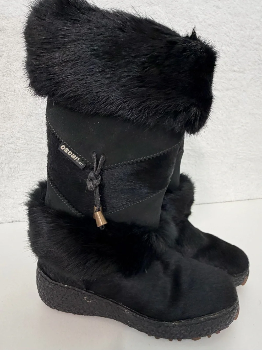 Oscar Sport made in Italy Black Fur Trim Apres Ski Snow Winter Boots Womens 6.5